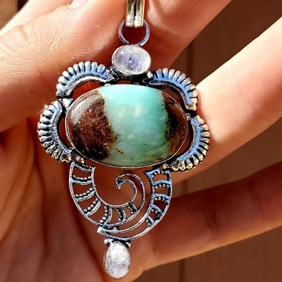 New Chrysoprase & Rainbow Moonstone 925 Silver Pendant - Picture 14 of 16